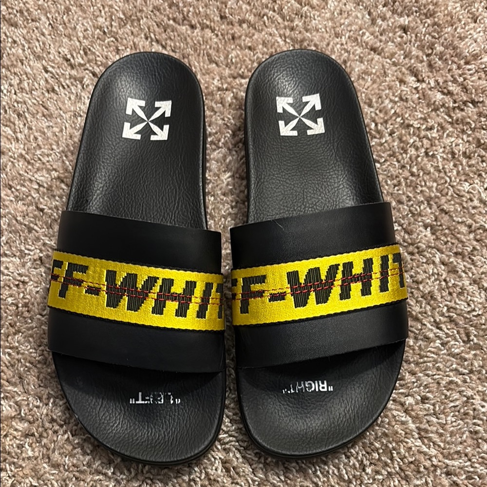 Off-White Black Slides with Yellow Strap